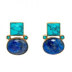 JustClickIt תכשיטים Brand New Handmade VintageLook Turquoise & Lapis Lazuli 18k Gold Plated Earrings
